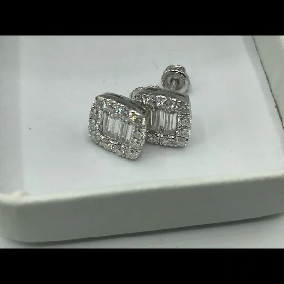 Silver Moissanite Earrings Micro Pave Emerald Cut 9.7 mm 11 ct - Picture 4 of 7